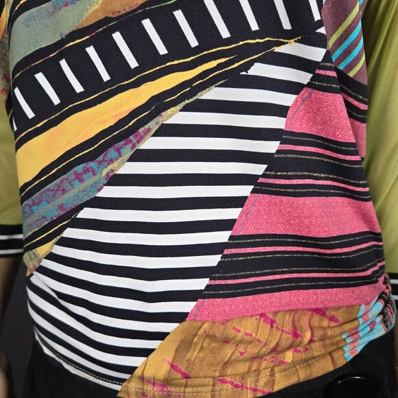 Vintage Save The Queen Top blouse size L Abstract Print Mesh Sleeves Stretch - Picture 4 of 13